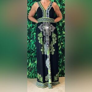 🌿 Boho V-Neck Maxi Dress – Black, Green & White Print – Size Small
